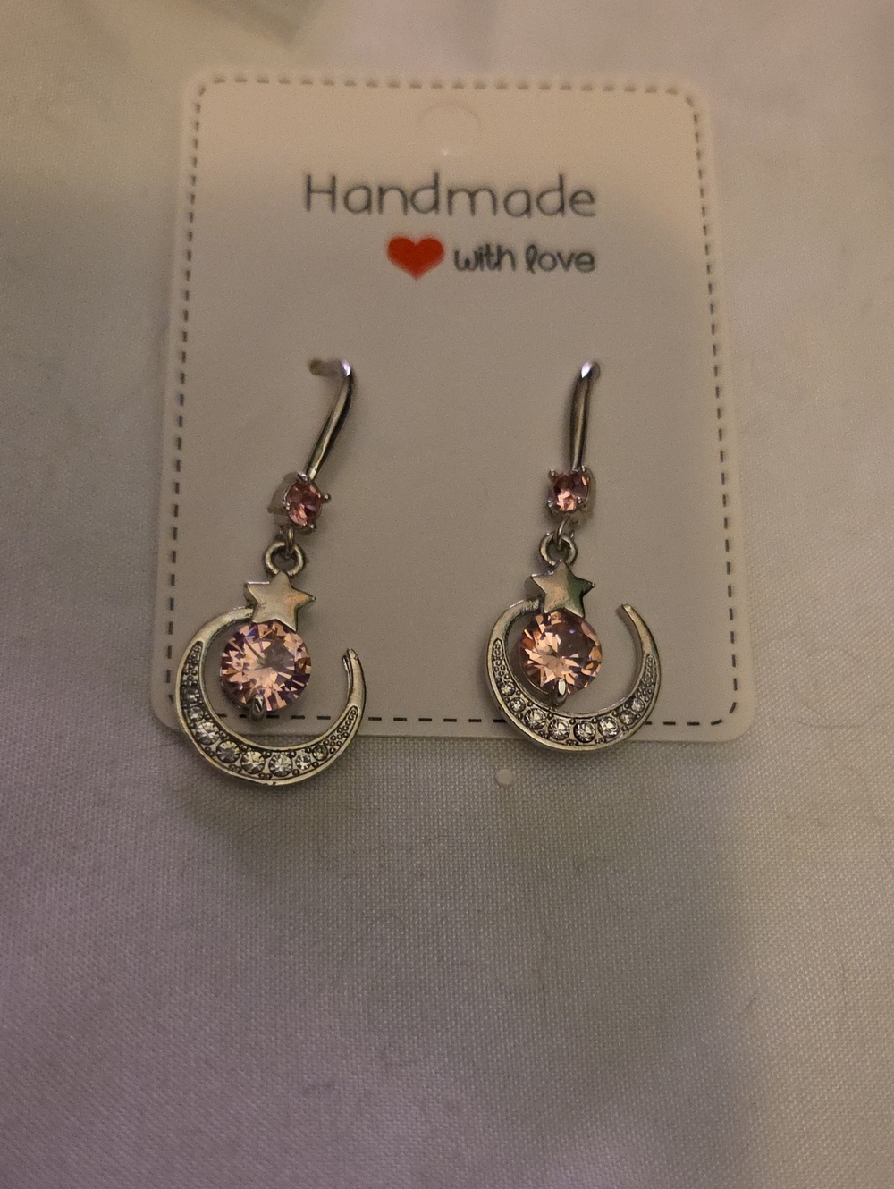 Silver Moon & Star Earrings with Pink Crystals